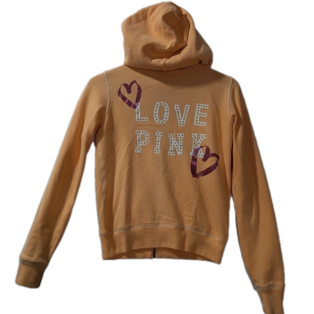 Y2K Victoria's Secret Pink 1986 Love Pink Hoodie Orange Studded Hearts Women's S